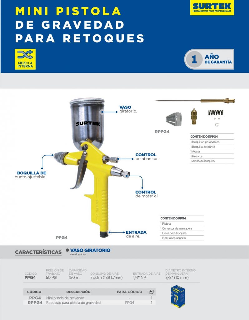 MINI PISTOLA DE GRAVEDAD PARA PINTAR SURTEK PPG4 CON VASO GIRATORIO 125