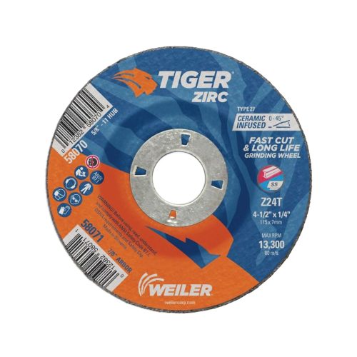 DISCO DE DESBASTE WEILER TIGER ZIRC 58071 GRANO 24 TIPO 27 4-1./2'' X 1/4'' X 7/8''