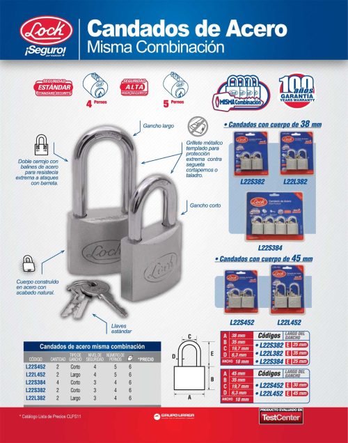 CANDADO DE ACERO LOCK L22S384 JUEGO CON 4 PIEZAS 38 MILIMETROS - Image 2