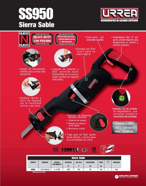SIERRA SABLE URREA SS950 2700 CPM 1200 WATTS 120 VOLTS USO PESADO - Image 2