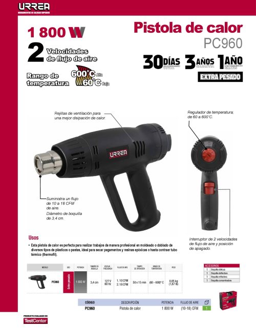 PISTOLA DE CALOR URREA PC960 120 VOLTS 1800 WATTS 600 GRADOS CENTIGRADOS - Image 2