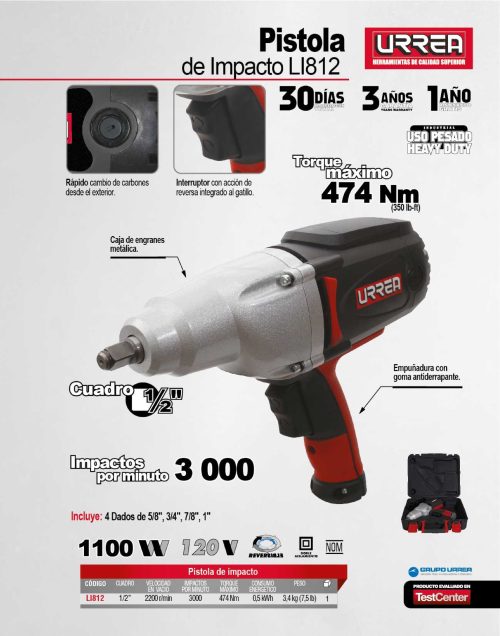 PISTOLA IMPACTO ELECTRICA URREA LI812 1/2'' 1100 WATTS 120 VOLTS USO PESADO - Image 2