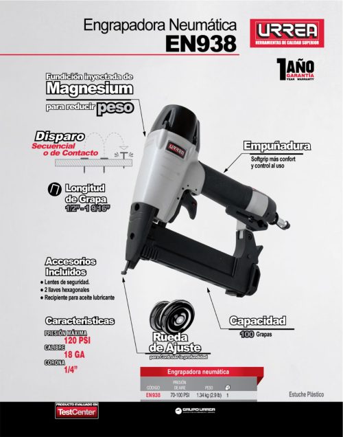 ENGRAPADORA NEUMATICA URREA EN938 CALIBRE 18 USO EXTRA PESADO GRAPA DE HASTA 1-9/16'' - Image 2