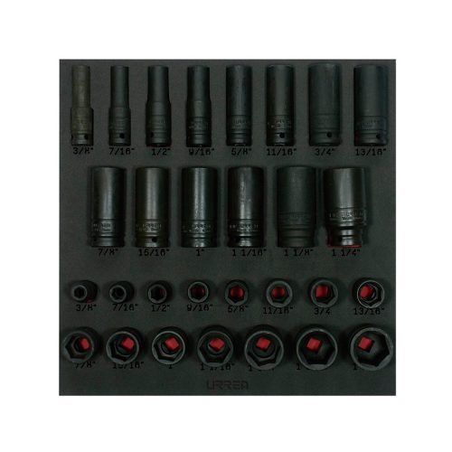 JUEGO DE DADOS DE IMPACTO URREA CH218 CON 29 PIEZAS CORTOS Y LARGOS CUADRO DE 1/2"