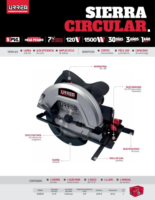 SIERRA CIRCULAR URREA SC907B DE 7-1/4'' 1500 WATTS 120 VOLTS - Image 2