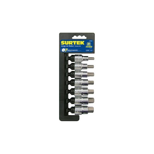 JUEGO DE DADOS SURTEK F58H01 CON 7 PIEZAS PUNTA HEXAGONAL EN PULGADAS CUADRO DE 1/2''