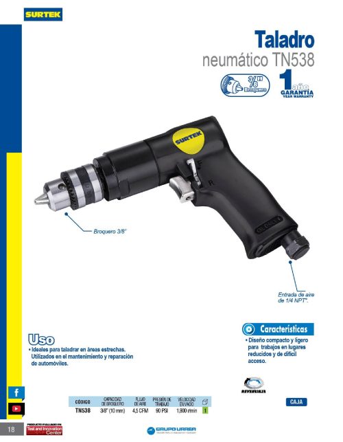 TALADRO NEUMÁTICO SURTEK TN538 REVERSIBLE BROQUERO DE 3/8'' 1800 RPM - Image 2