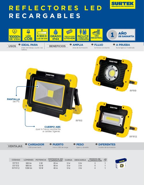 REFLECTOR LED SURTEK RFR3 RECARGABLE 300 LUMENS - Image 2