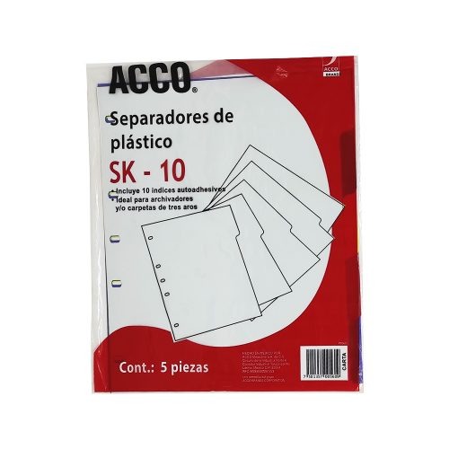 SEPARADOR PARA CARPETA DE PLASTICO ACCO WILSON JONES P0560 CON 5 PIEZAS SK10