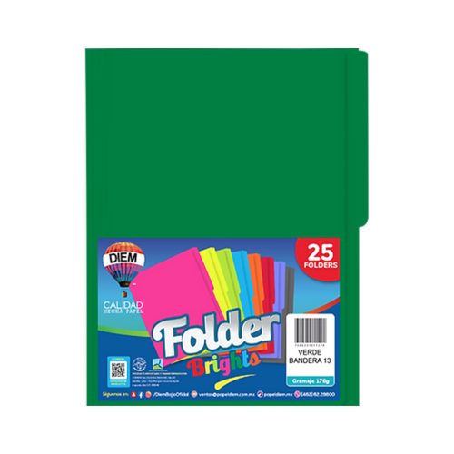 FOLDER TAMAÑO OFICIO DIEM BRIGHTS VERDE BANDERA 013 PAQUETE CON 25 PIEZAS