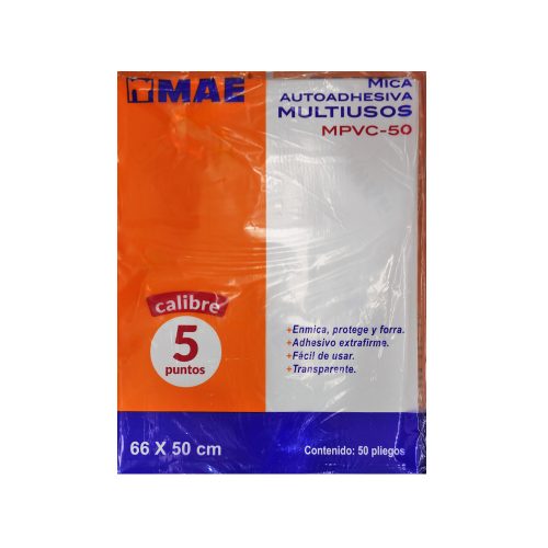 PLIEGO DE MICA ADHERIBLE MAE MPVC-50 50 CENTIMETROS X 66 CENTIMETROS PAQUETE CON 50 PIEZAS