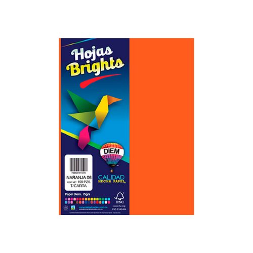 HOJA DE PAPEL DIEM BRIGHTS PAQUETE CON 100 PIEZAS NARANJA 06 NEON TAMAÑO CARTA 75 GRAMOS