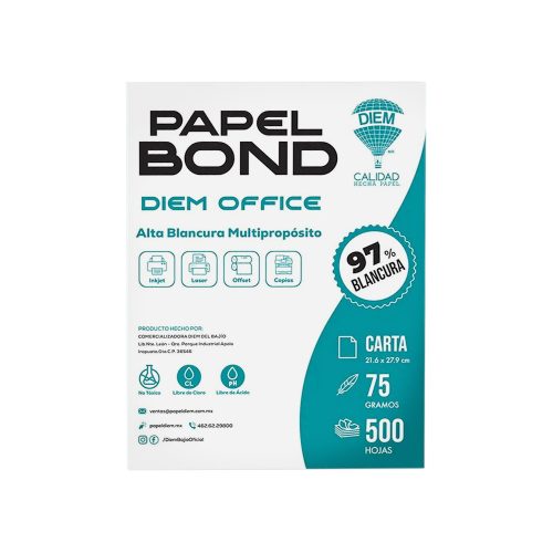 HOJA DE PAPEL BOND DIEM BOND BCO PAQUETE 500 PIEZAS TAMAÑO CARTA 97% BLANCURA 21.6X 27.9 CENTIMETROS