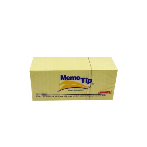 BLOCK DE NOTAS ADHESIVAS JANEL MEMOTIP 12 PIEZAS DE 100  HOJAS 3.81 X 5.08 CENTIMETROS