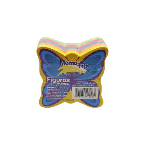 BLOCK DE NOTAS ADHESIVAS JANEL MEMOTIP 250 HOJAS NEON FORMA DE MARIPOSA 6 X 6.3 CENTIMETROS