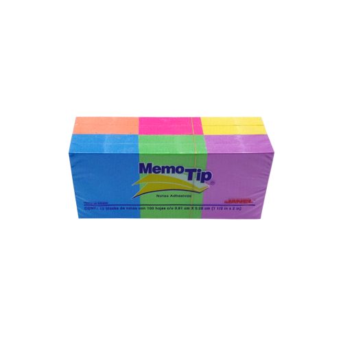 BLOCK DE NOTAS ADHESIVAS JANEL MEMOTIP 12 BLOCS DE 100 HOJAS C/U NEON 3.81 X 5.08 CENTÍMETROS
