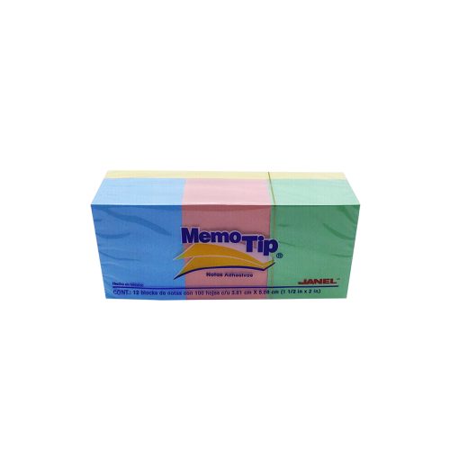 BLOCK DE NOTAS ADHESIVAS JANEL MEMOTIP 12 PIEZAS DE 100 HOJAS C/U PASTEL 3.81 X 5.08 CENTIMETROS
