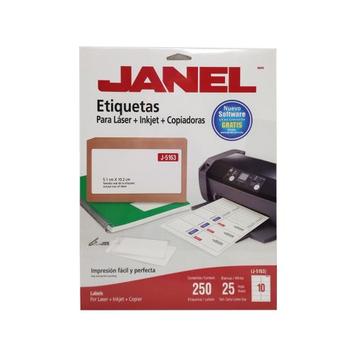 ETIQUETA ADHESIVA PARA LASER JANEL J5163 RECORTABLE PAQUETE CON 25 PIEZAS BLANCAS 5.1 CMT X 10.2 CMT