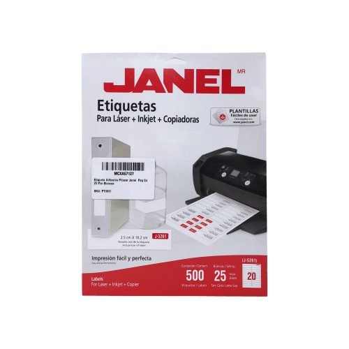 ETIQUETA ADHESIVA PARA LASER JANEL J-5261 BLANCO PAQUETE 500 PIEZAS 2.5 X 10.2 CM