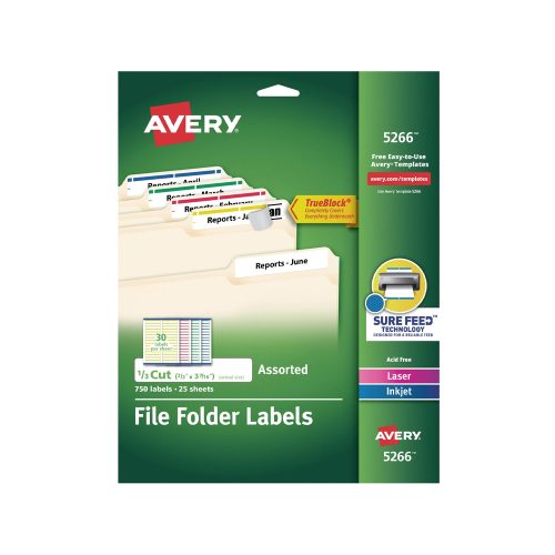 ETIQUETA LÁSER/INKJET AVERY 5266 750 ETIQUETAS MULTICOLOR PARA FOLDER 1.69 X 8.73 CENTIMETROS