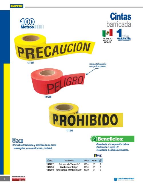 CINTA PARA BARRICADA SURTEK 137299 AMARILLO CON SEÑALIZACION DE PROHIBIDO EL PASO 100 METROS - Image 2