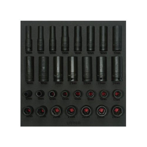 JUEGO DE DADOS DE IMPACTO URREA CH219 CORTOS Y LARGOS MRIETCOS CUADRO DE 1/2'' 30 PZ