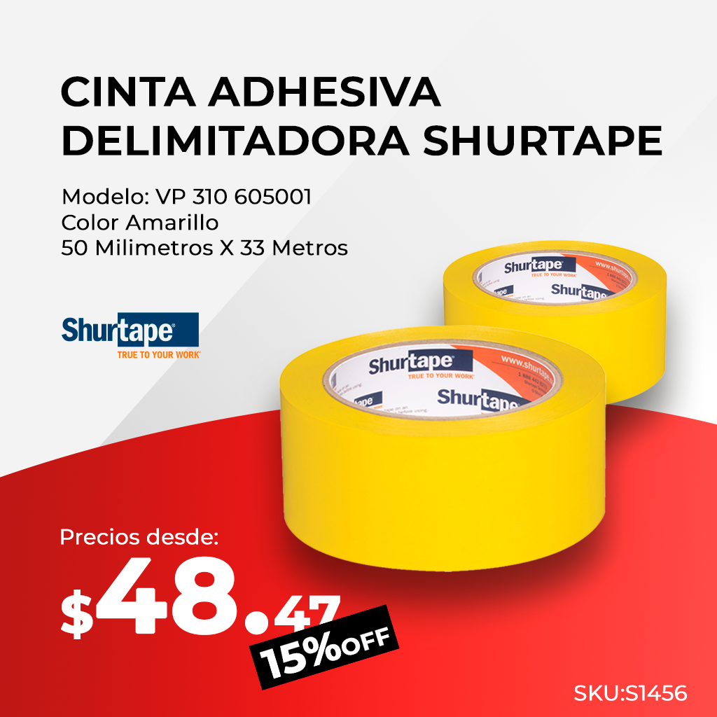 Cinta adhesiva delimitadora amarilla Shurtape modelo VP 310 605001, 50 mm x 33 m.