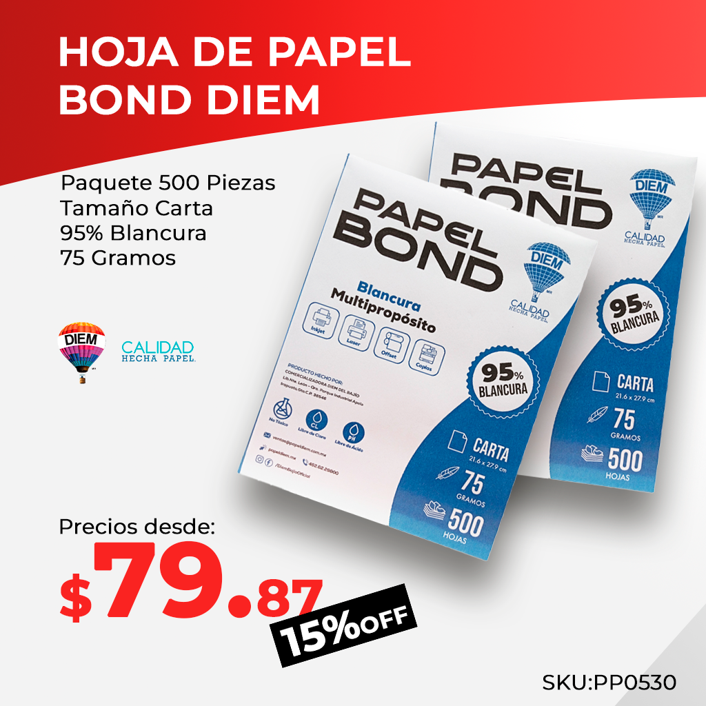 Paquetes de papel bond DIEM tamaño carta, 500 hojas, 75 gramos, 95% blancura. Imagen promocional con fondo rojo y blanco, mostrando dos paquetes de papel.