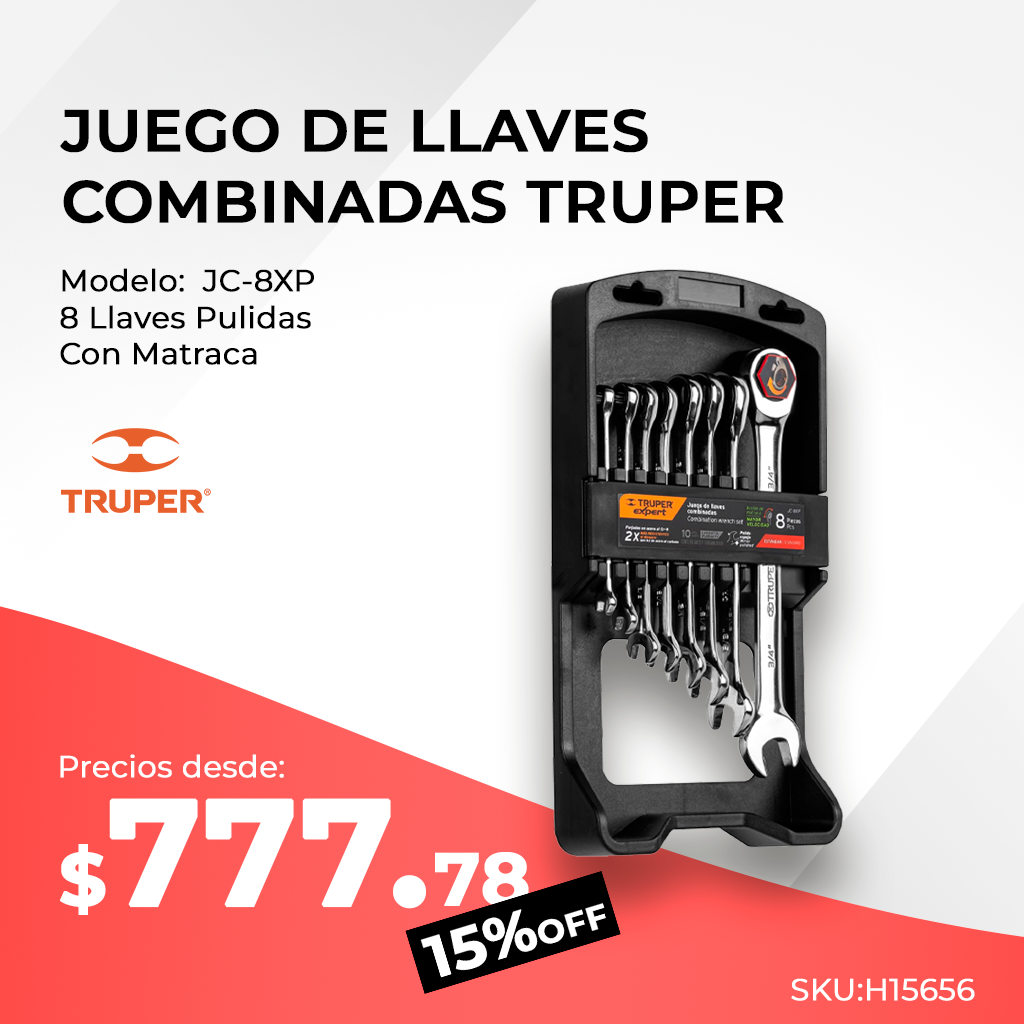 Juego de 8 llaves combinadas Truper modelo JC-8XP con matraca, presentación en estuche negro, precio desde $915.04
