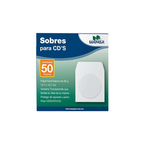 SOBRE DE PAPEL MAPASA PARA CD BLANCO HA0126 PAQUETE CON 50 PIEZAS