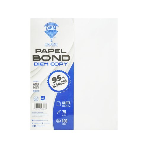 HOJA DE PAPEL BONDCOPYDIEM PAQUETE 100 PZAS TAMAÑO CARTA 95% BLANCURA 21.6X27.9 CM 75GRAMOS