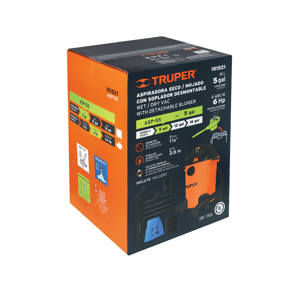 ASPIRADORA, SOPLADORA PLASTICA DE LIQUIDOS Y SOLIDOS TRUPER ASP-5S CAPACIDAD DE 19 L - Image 3