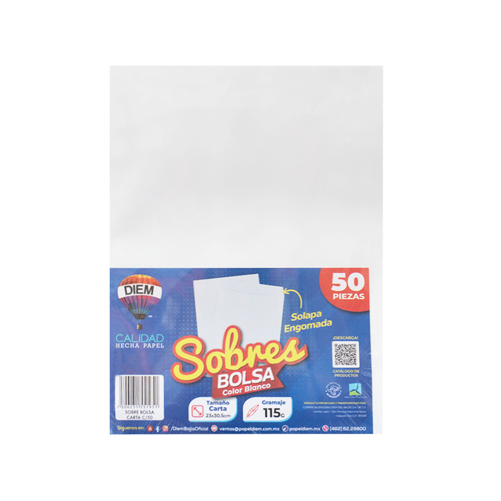 SOBRE DIEM BOLSA TAMAÑO 2335 CARTA 115GRAMOS 23 X 30.5 CENTÍMETROS ENGOMADO PAQUETE 50 PIEZAS BLANCO