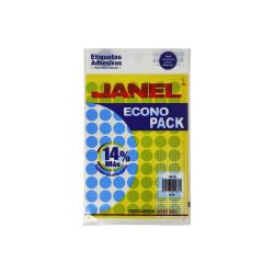 ETIQUETA ADHESIVA JANEL ECONOPACK 0019 NO. 28 AZUL REDONDA PAQUETE 560 PIEZAS 19 MILIMETROS