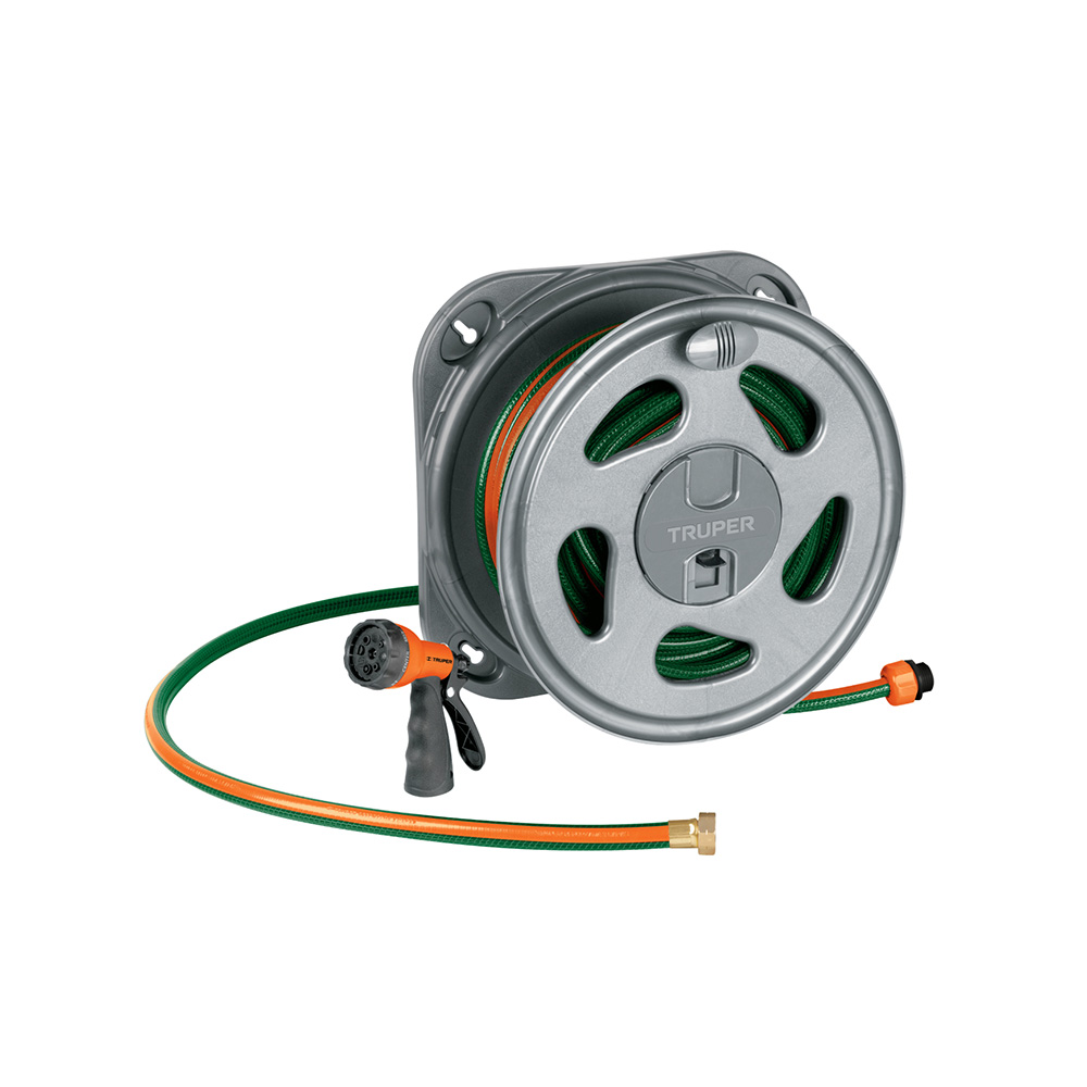 MANGUERA REFORZADA PISTOLA DE RIEGO Y PORTA MANGUERA TRUPER COMBO-301 DE 20 METROS