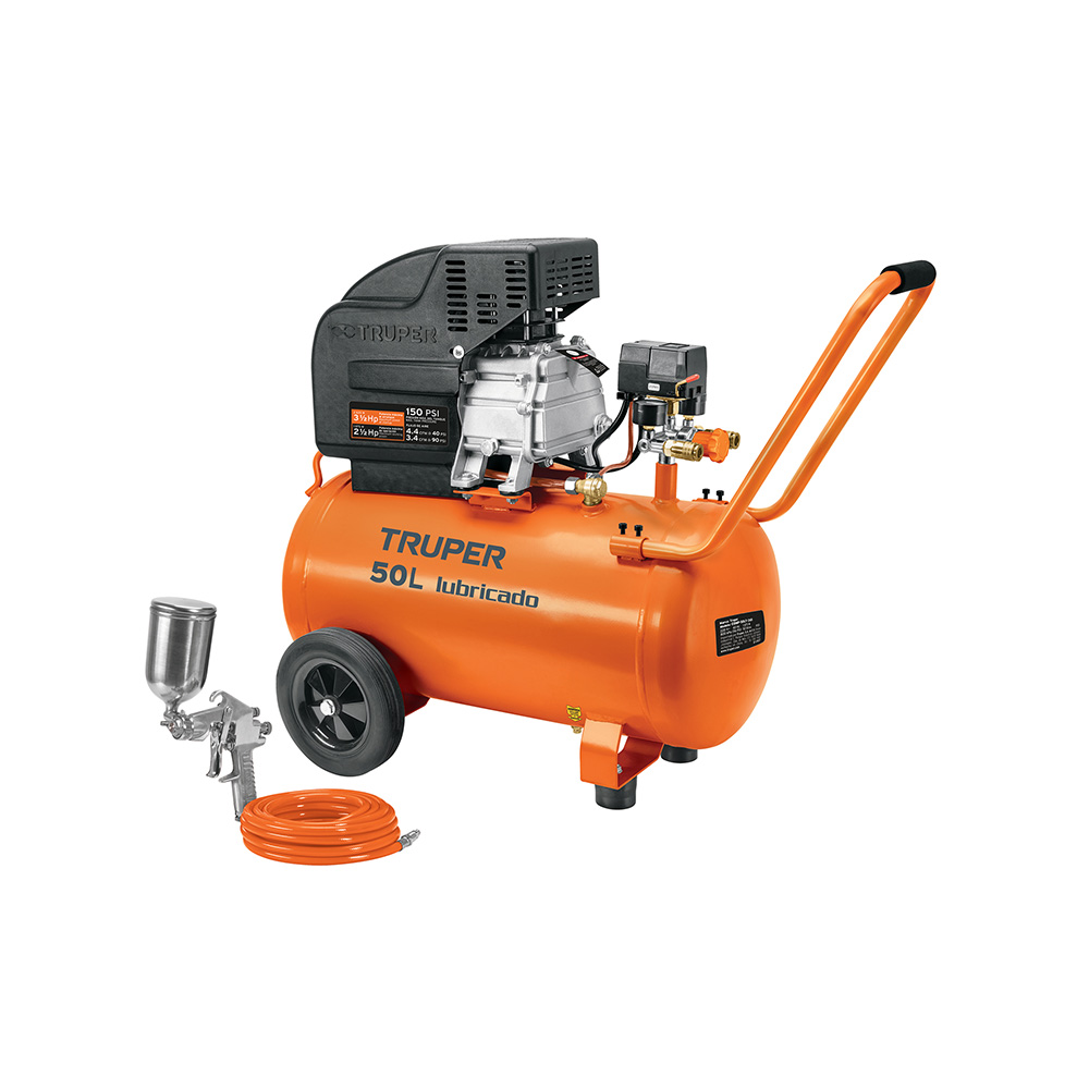 KIT COMPRESOR 50L 3-1/2 HP MANGUERA DE PVC Y PISTOLA TRUPER COMP-KIT50