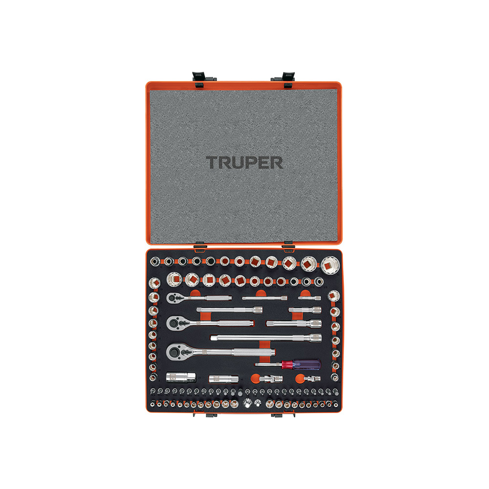 JUEGO DE 103 PIEZAS , MIXTO , ESTUCHE METALICO , CUADROS 1/4 , 3/8 Y 1/2 TRUPER JD-103MP