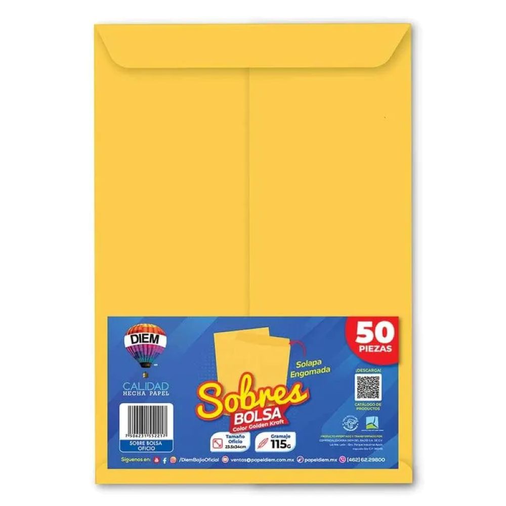 SOBRE DIEM BOLSA TAMAÑO OFICIO 23.5X34 CENTÍMETROS 115 GRAMOS PAQUETE CON 50 PIEZAS