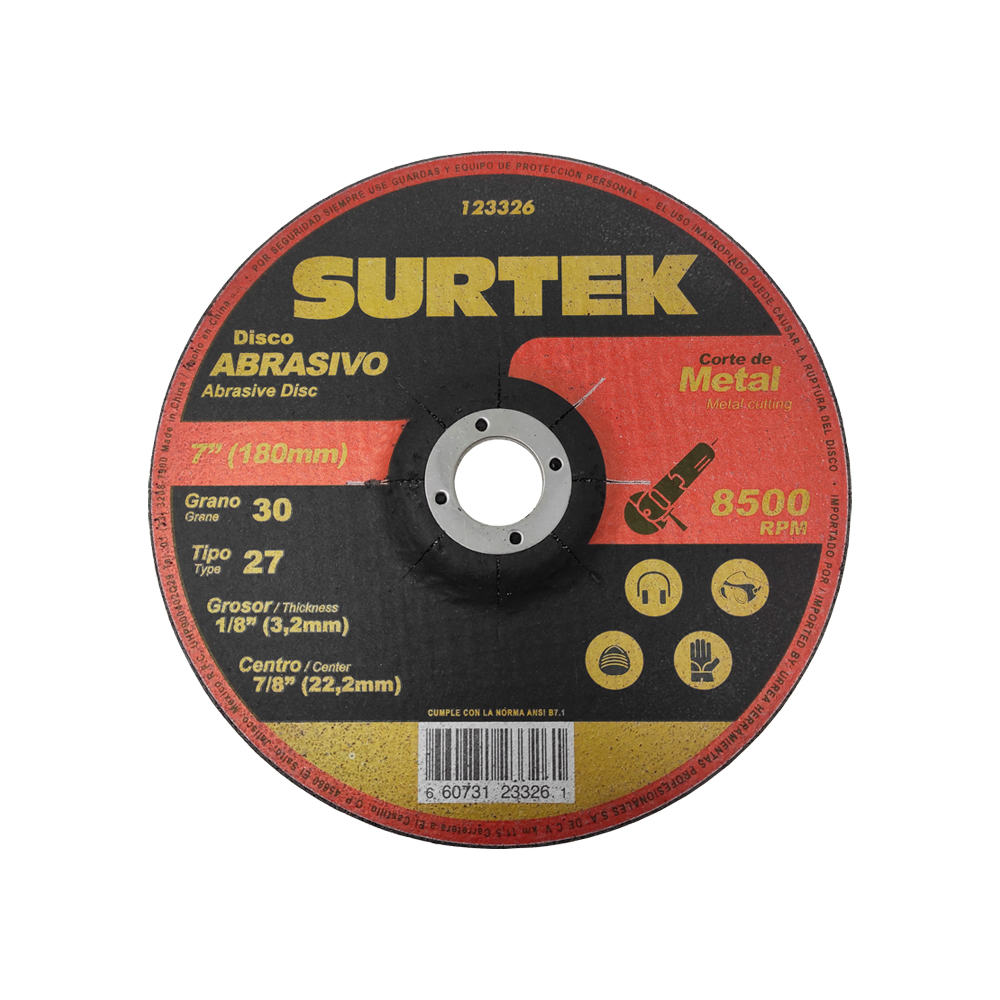 DISCO ABRASIVO DE CORTE SURTEK 123326 TIPO 27 PARA METAL 7'' X 1/8'' USO EXTRA PESADO