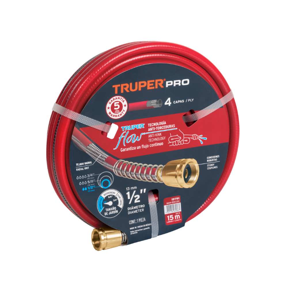 MANGUERA SUPER REFORZADA TRUPER MAN-15X1/2X DE 15 METROS CON CONEXION METALICA