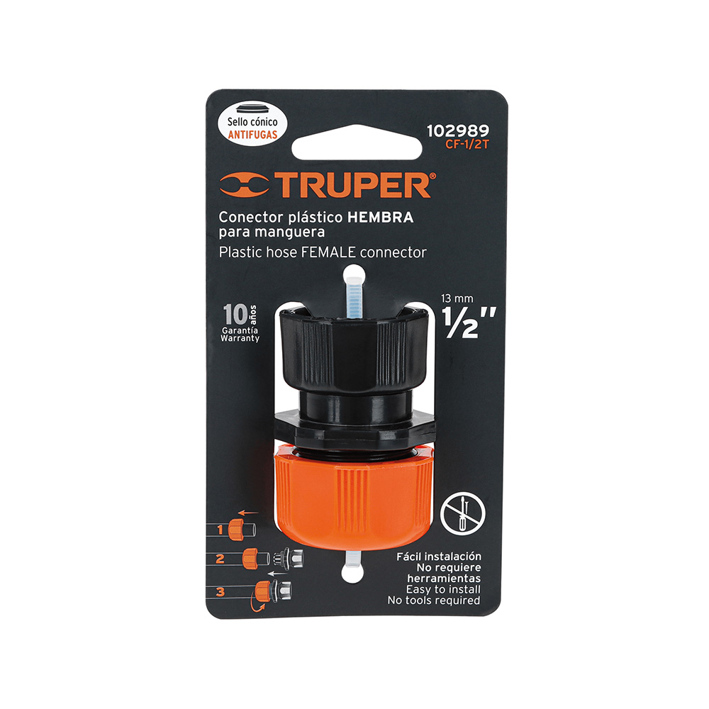 CONECTOR HEMBRA TRUPER CF-1/2T DE ABS 1/2 DE PULGADA CON TUERCA DE AJUSTE MANUAL