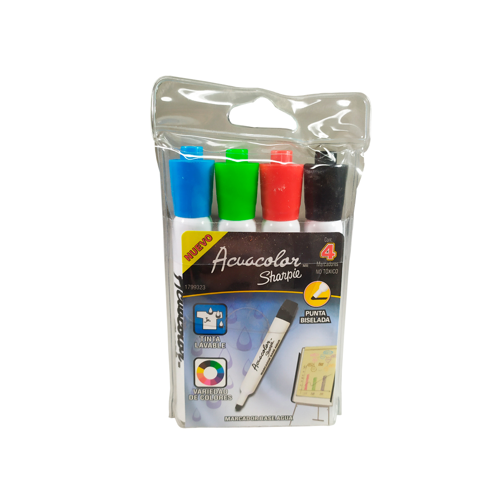 MARCADOR BASE AGUA SHARPIE ACUACOLOR PAQUETE CON 4 PIEZAS VARIOS COLORES PUNTA CINCEL