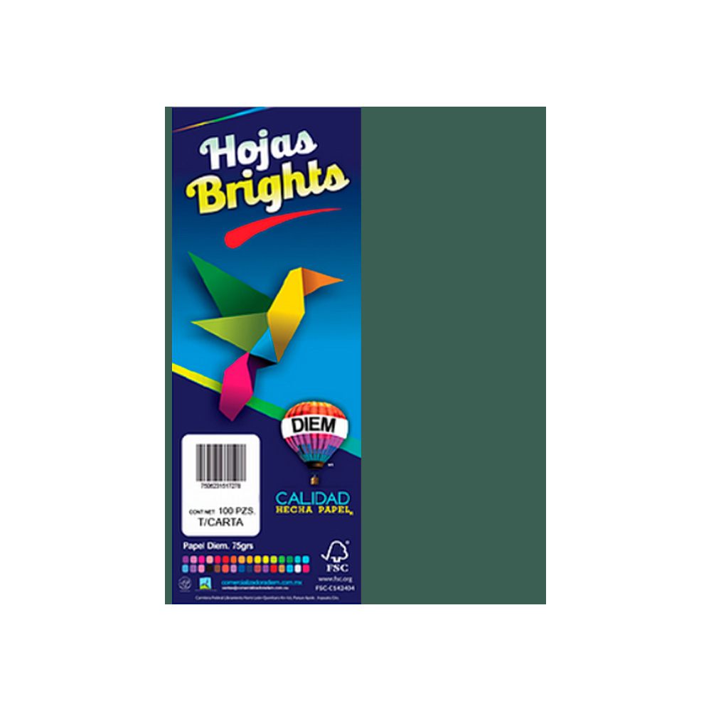 HOJA DE PAPEL DIEM BRIGHTS PAQUETE CON 100 PIEZAS VERDE SELVA 26 TAMAÑO CARTA 75 GRAMOS