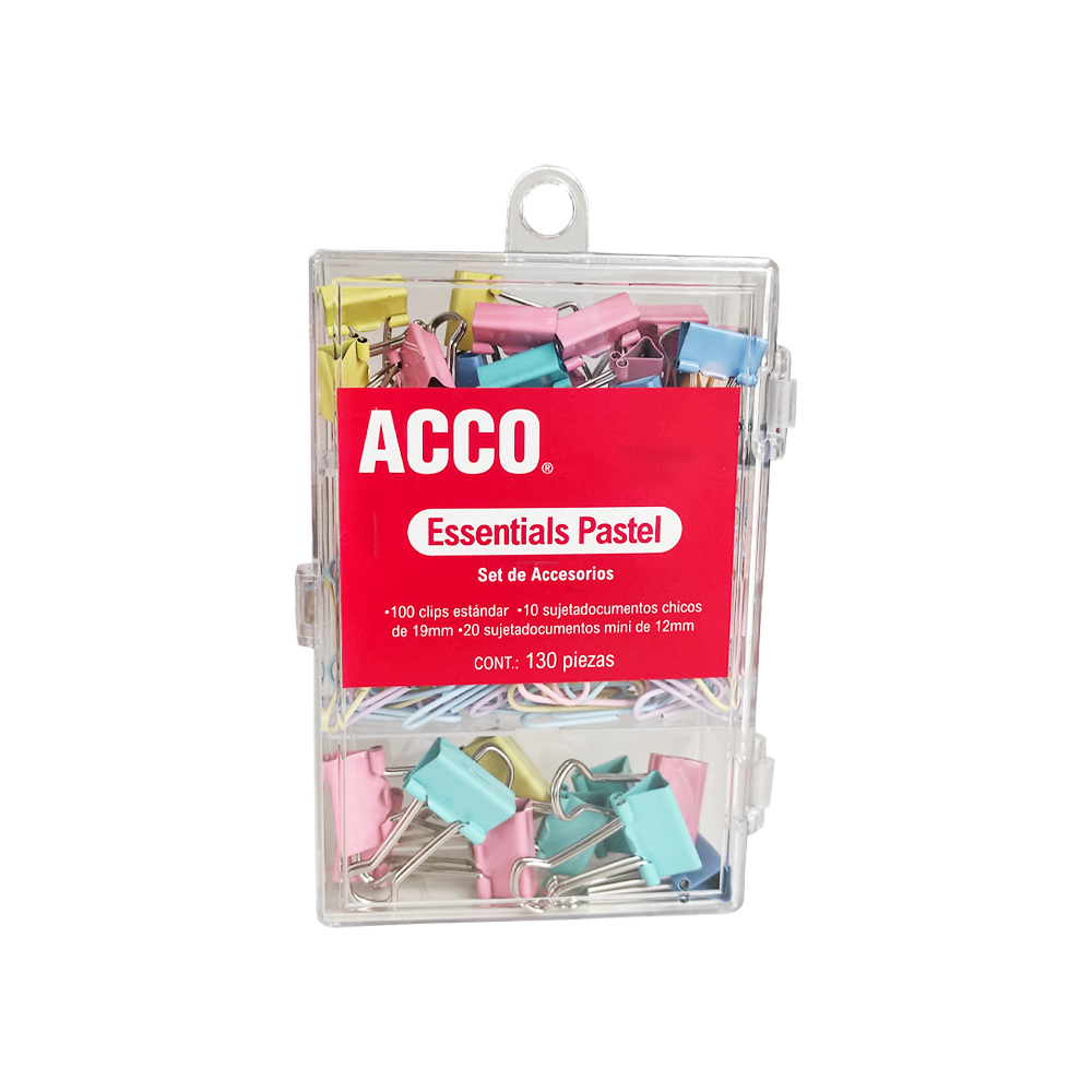 KIT DE ACCESORIOS ACCO P4471 CONTIENEN SUJETA DOCUMENTOS Y CLIP 130 PIEZAS COLORES PASTEL