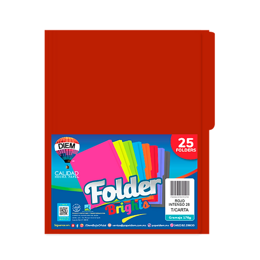 FOLDER TAMAÑO CARTA DIEM BRIGHTS ROJO INTENSO 028 PAQUETE CON 25 PIEZAS