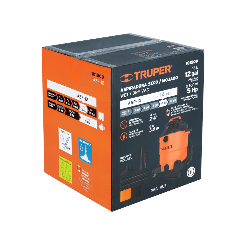 ASPIRADORA PLASTICA DE LIQUIDOS Y SOLIDOS TRUPER ASP-12 CAPACIDAD DE 45 L - Image 3