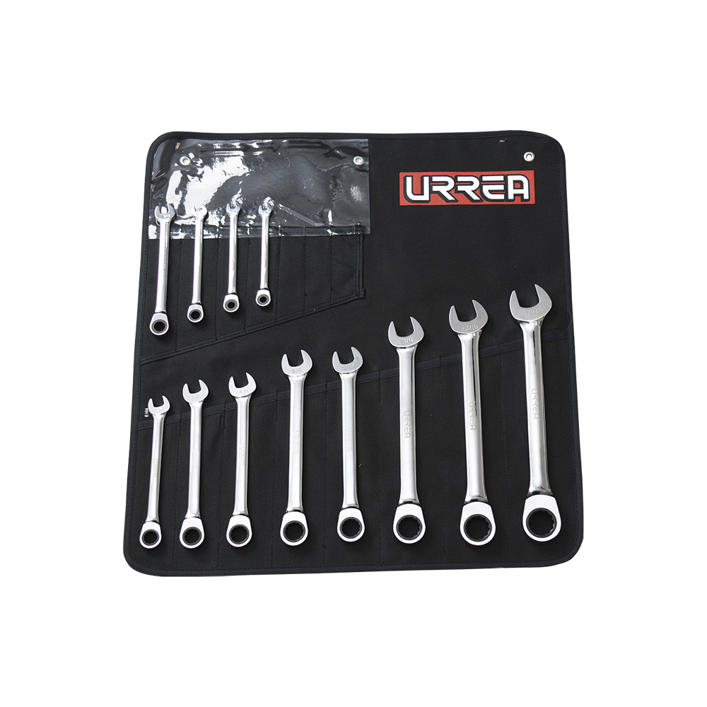 JUEGO DE LLAVES COMBINADAS URREA 1201MCM PAQUETE CON 15 PIEZAS DE MATRACA METRICAS 5/16''