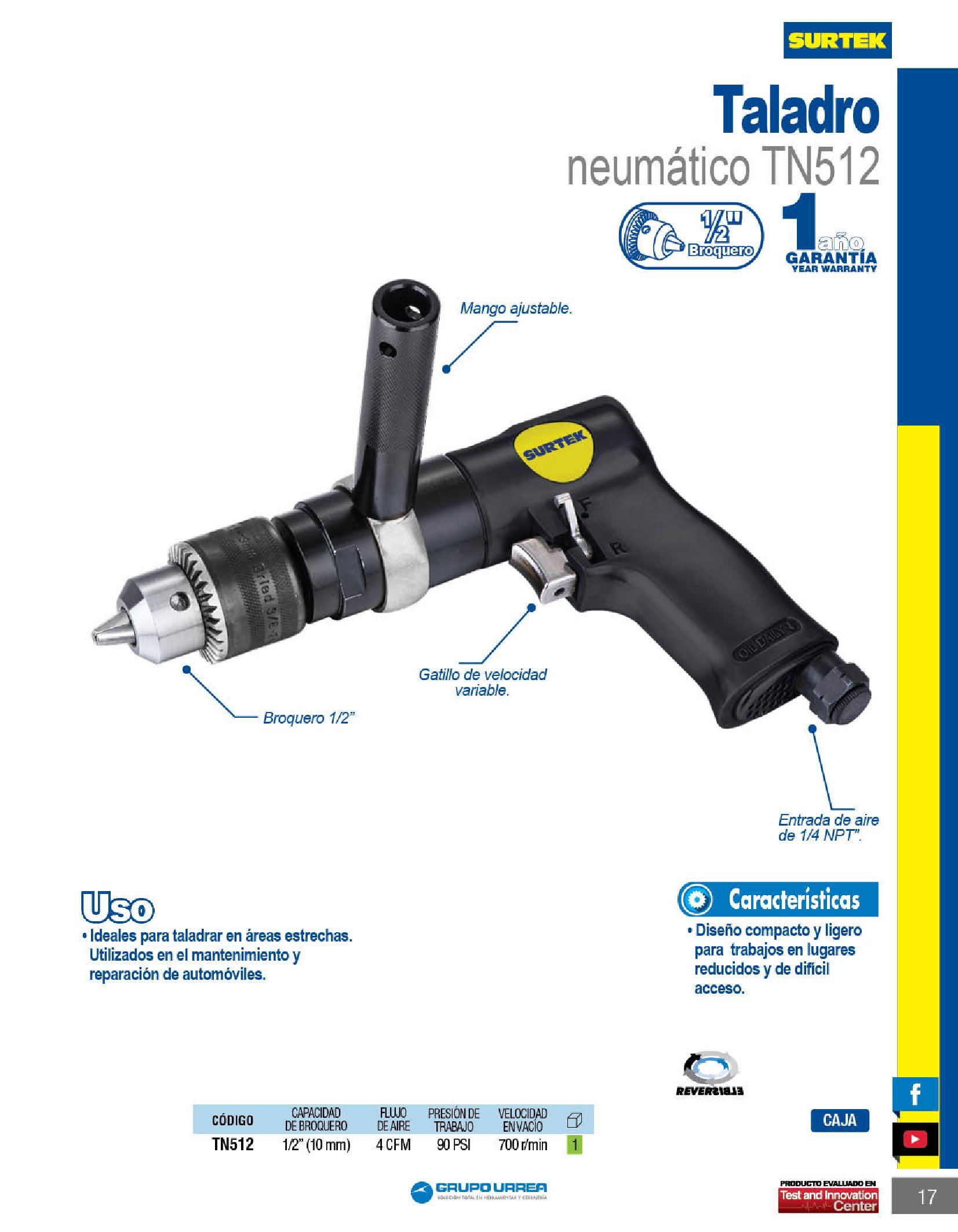TALADRO NEUMÁTICO SURTEK TN512 REVERSIBLE BROQUERO DE 1/2'' 700 RPM - Image 2
