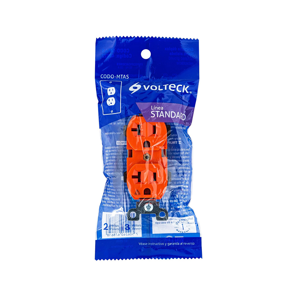 CONTACTO DUPLEX TIERRA AISLADA VOLTECK,2 POLOS,3 HILOS, CODO-MTAS