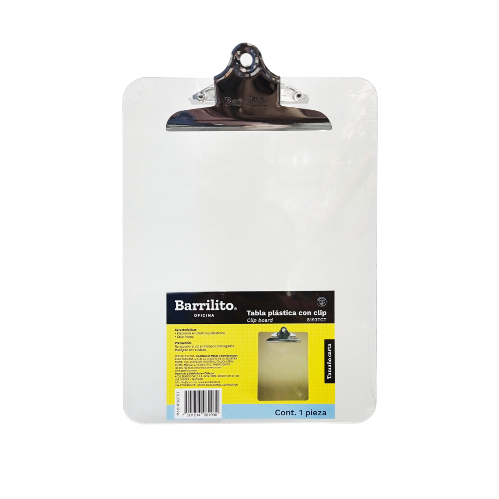 TABLA PLASTICA CON CLIP BARRILITO 8193TCT TAMAÑO CARTA SUJETA HASTA 200 HOJAS